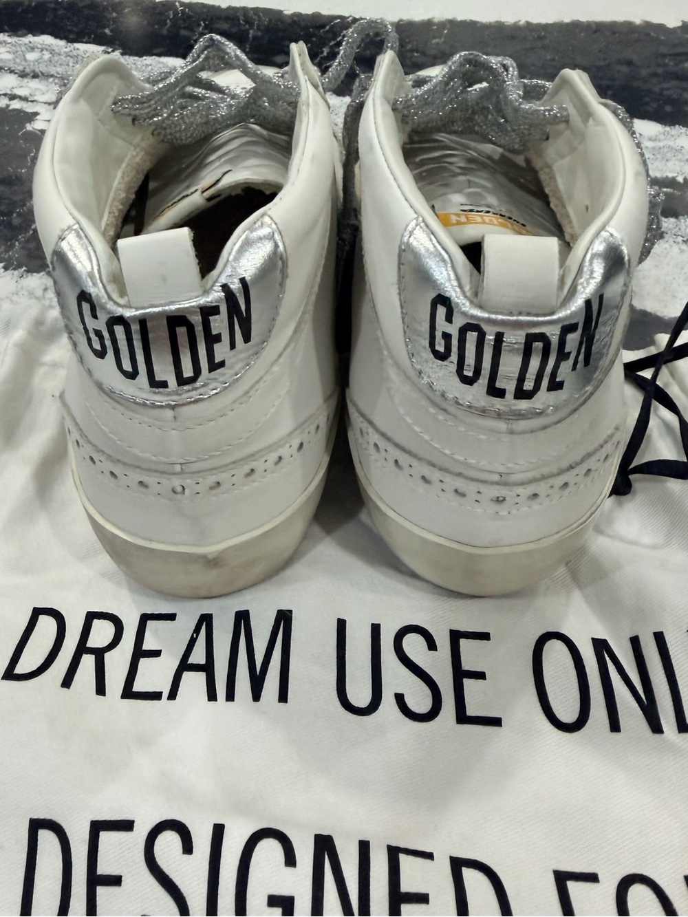Golden Goose White High-Top Sneakers with Silver Heel Tab